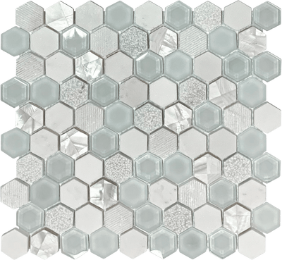 Bati Orient Mix Hexagon 11.6" x 12" Mother Of Pearl, Glass & Marble Mosaic