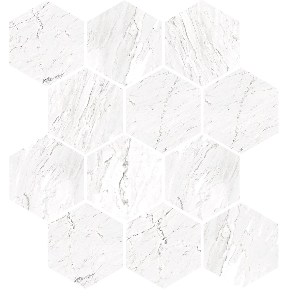 Floors 2000 Marbles Hexagon 9" x 11" Porcelain Mosaic Carrara White Matte