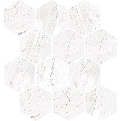 Floors 2000 Marbles Hexagon 9" x 11" Porcelain Mosaic Carrara White Polished