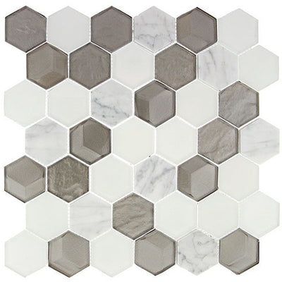 Queens Lair 2" Hexagon 11.88" x 12" Marble & Glass Mosaic