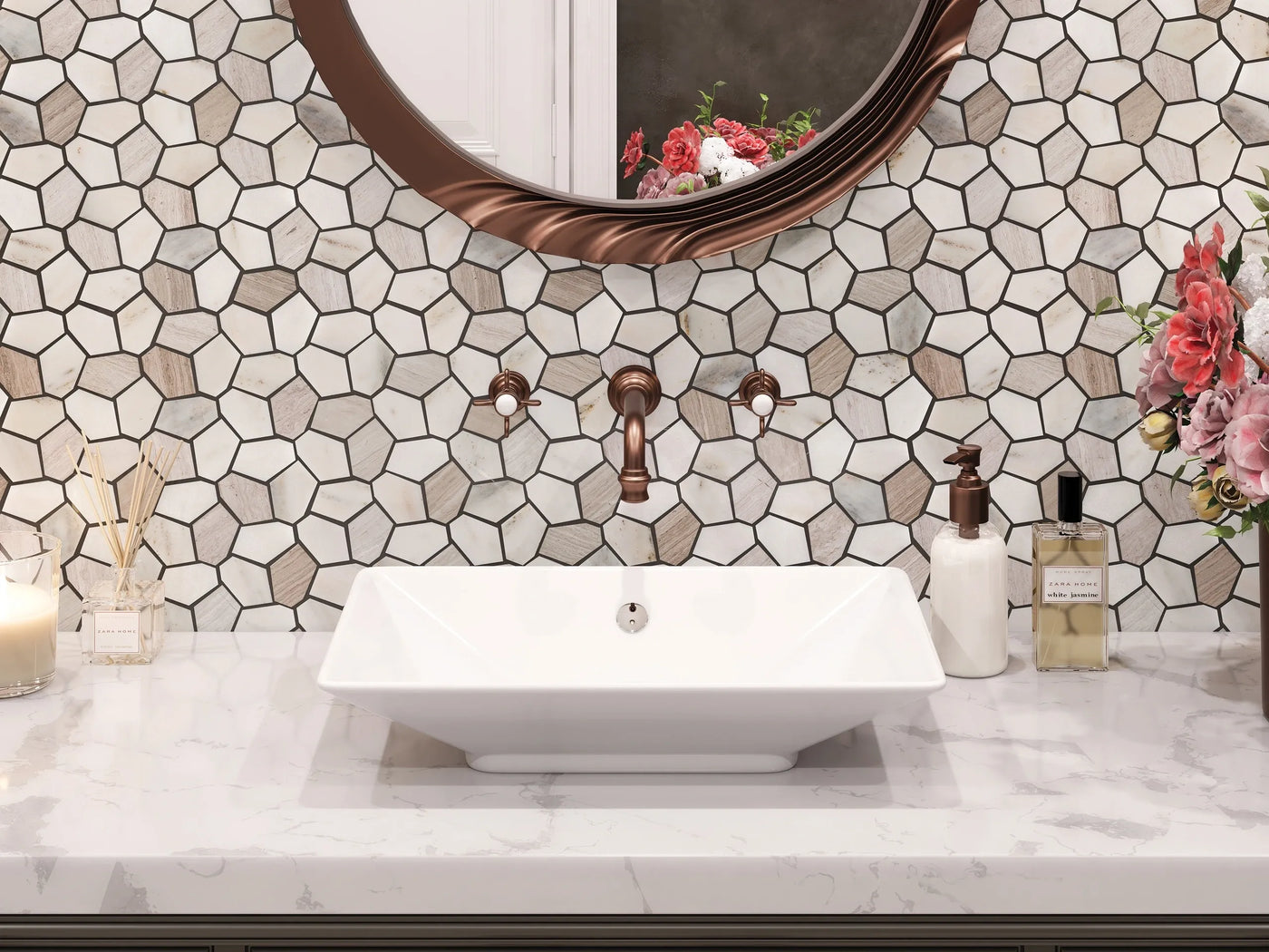 Aspire Stone Polygon Pebbles 10" x 12" Marble Mosaic