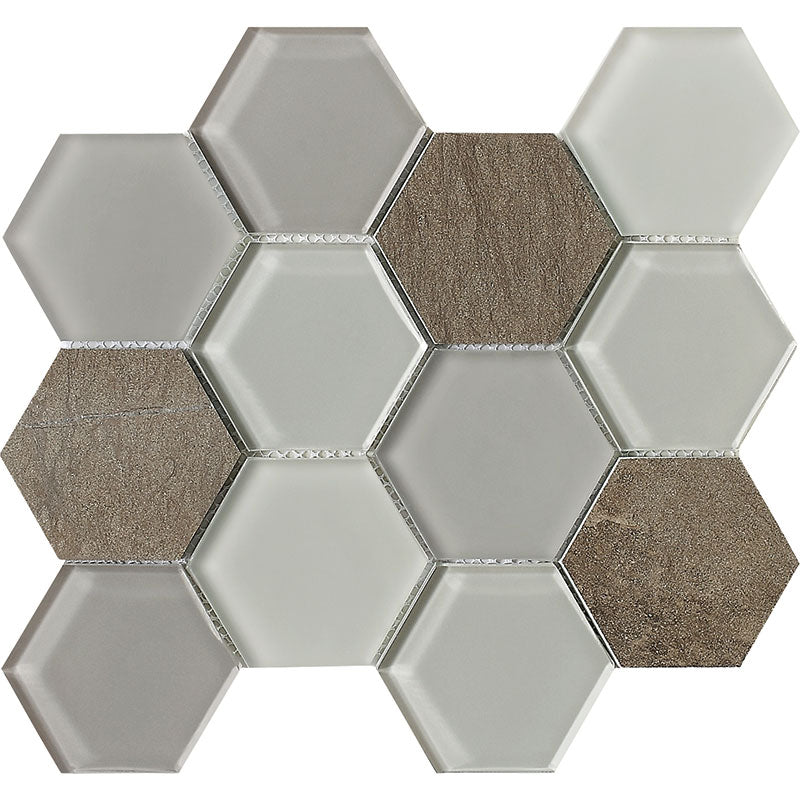 Patara Stone 3" Hexagon 9.09" x 10.55" Glass & Marble Mosaic