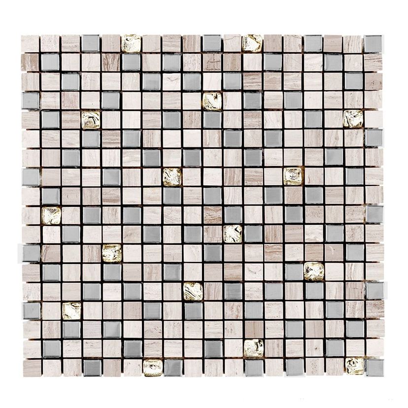 Jeffrey Court Stream Stone 11.75" x 11.75" Limestone, Brushed Stainless & Glass Mosaic