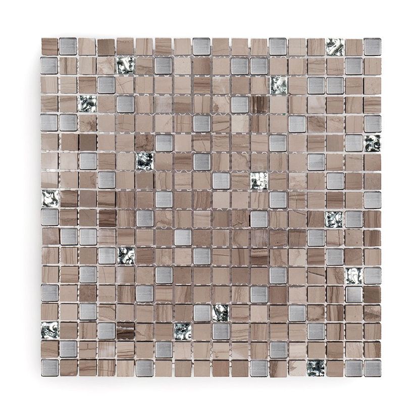 Jeffrey Court Stream Stone 11.75" x 11.75" Limestone, Brushed Stainless & Glass Mosaic