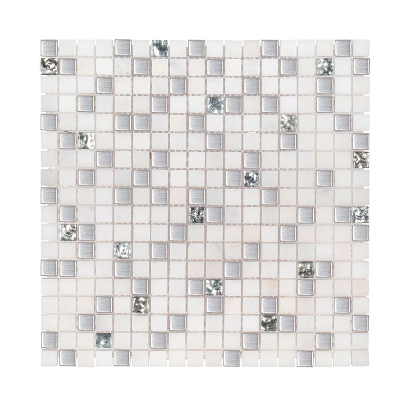 Jeffrey Court Stream Stone 11.75" x 11.75" Marble, Brushed Stainless & Glass Mosaic