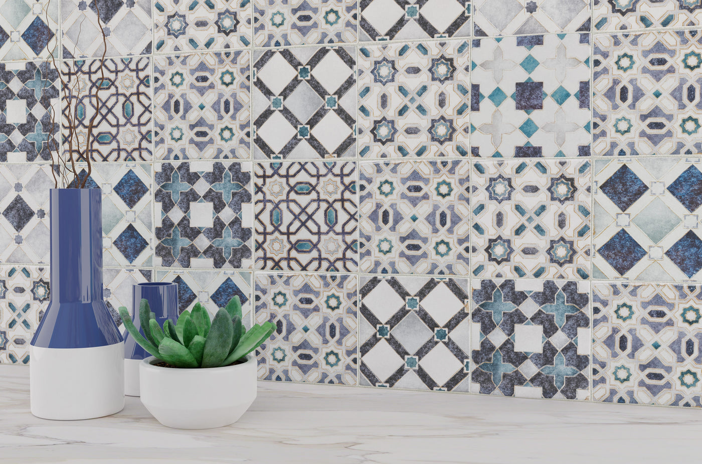 Anthology Moroccan Habitat Deco 4" x 4" Ceramic Tile Moroccan Mix Azure