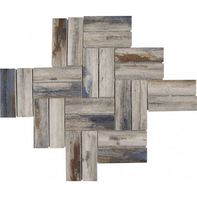 Bati Orient Herringbone Wood Look 11" x 11.10" Beige Brown Glass Mosaic
