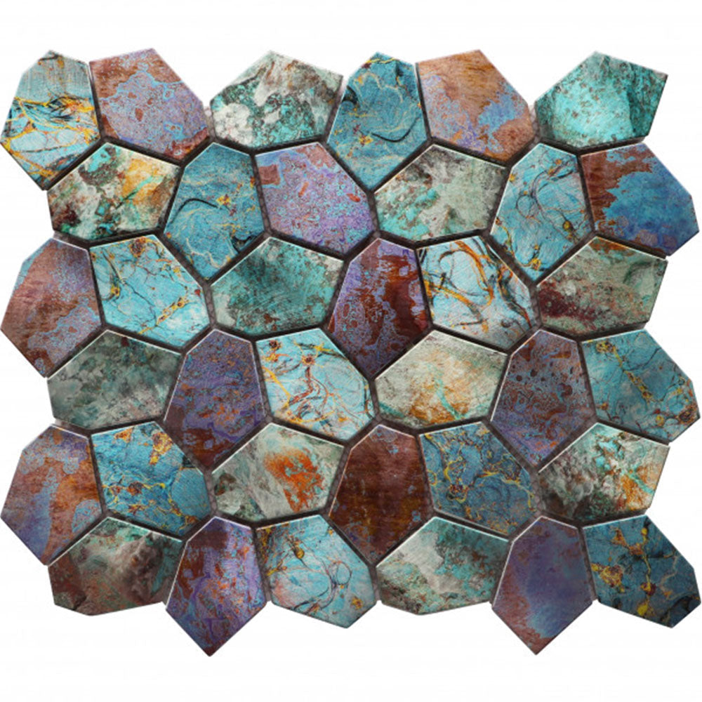 Bati Orient Hexagon Mix Metallic 11.4" x 12.2" Green Rust Metal Mosaic