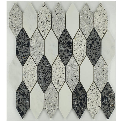 Bati Orient Long Hexagon Terrazzo 13" x 13.8" White | Grey | Black Marble Mosaic