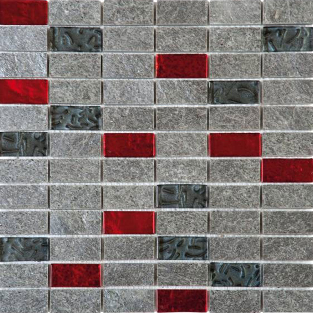Bati Orient Mix Mosaic 12" x 12" Grey Natural Quartzite Red Glass Stone & Glass Mosaic