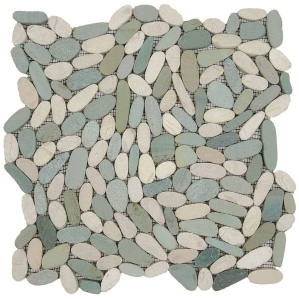 Bati Orient Pebbles Sliced Matte 12" x 12" White Green Natural Stone Mosaic