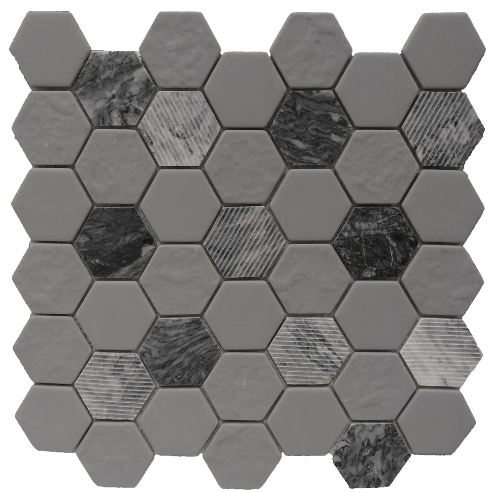 Roca Tile Rockart Hexagon 12" x 12" Natural Stone & Glass Mosaic