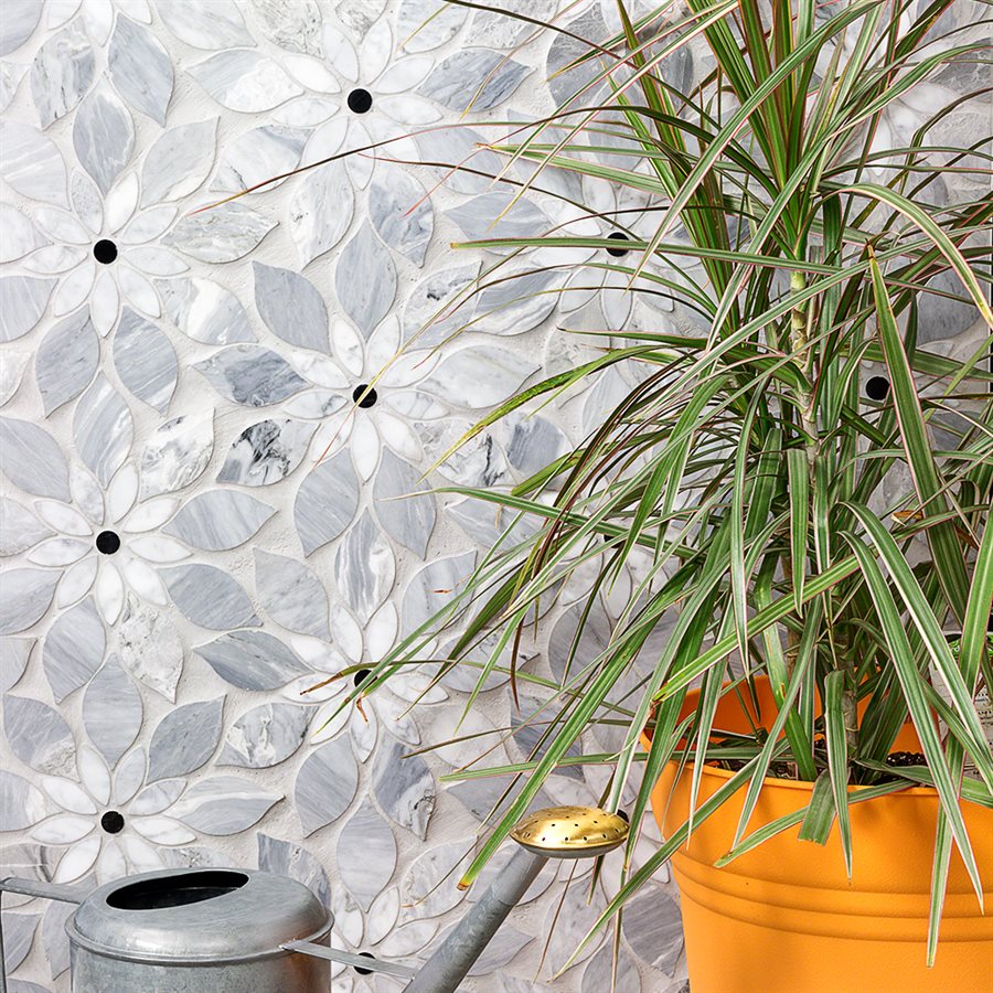 Soho Studio Mj Rain Flower 12.4" x 14.13" Bardiglio Nouvelato, White Carrara With Black Jade Dot Marble Mosaic