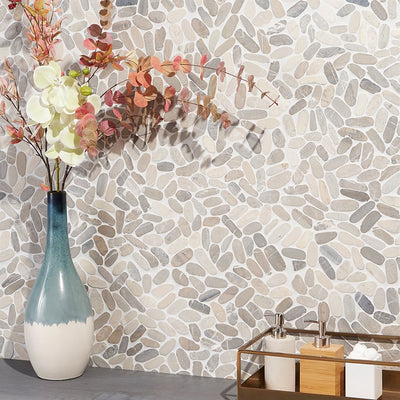 Soho Studio Pebblestone Oval 11.81" x 11.81" Prambanan Grey Sliced Flat Oval Pebblestone Mosaic